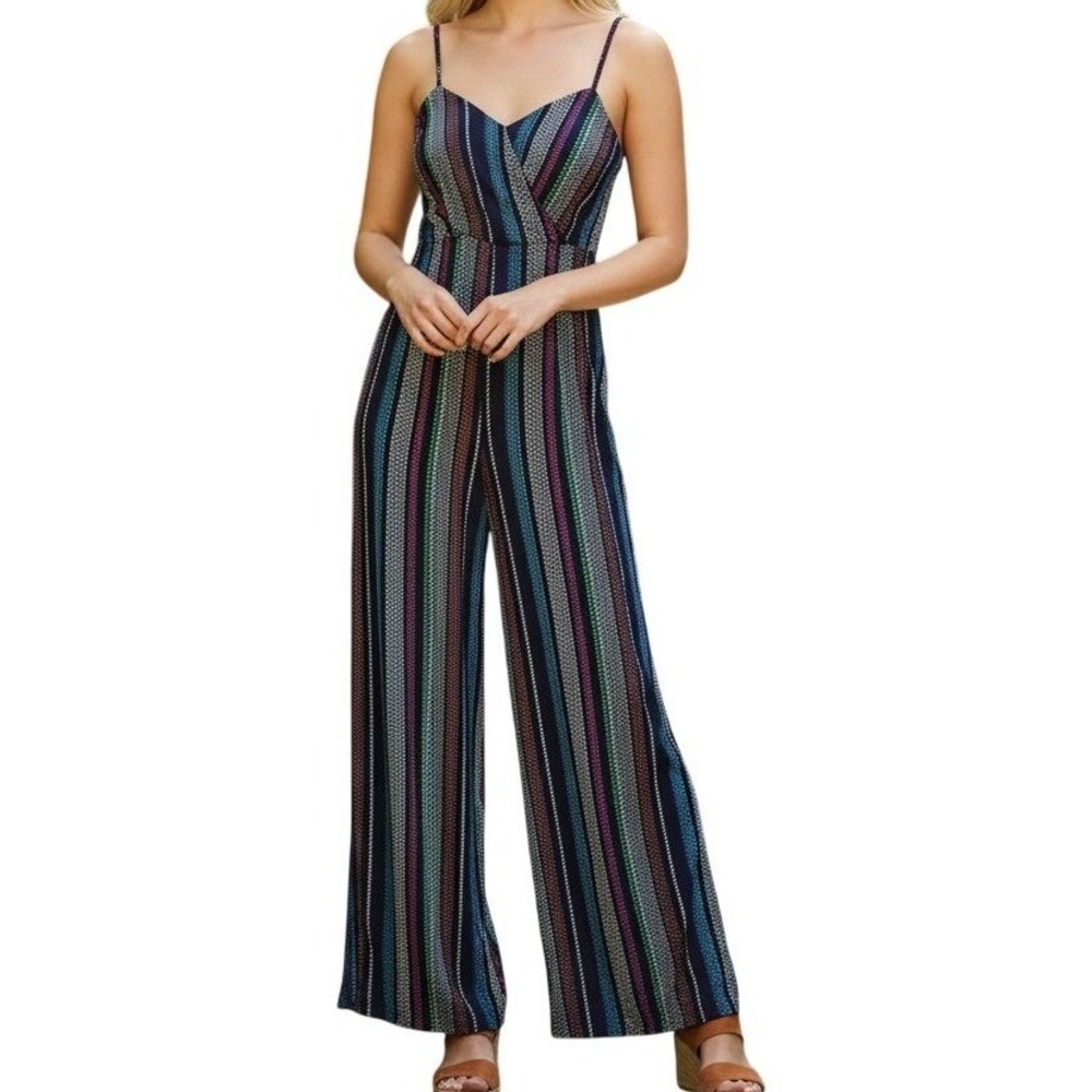 Striped Wide Leg Jumpsuit Small Blue Boho Hippie Retro Party Coastal L Love